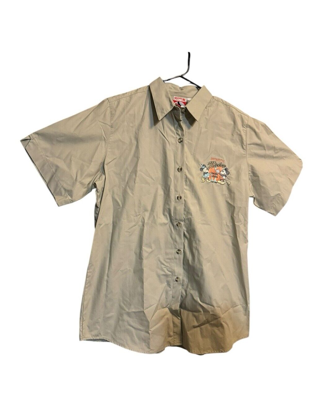 Vintage Disney Mickey Inc Mens Knaki Beige Button Down Embroidered Shirt XL